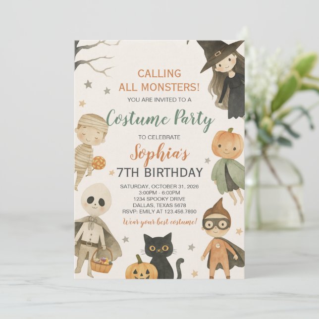 Halloween ruft alle Monster zum Geburtstag Einladung (Stehend Vorderseite)