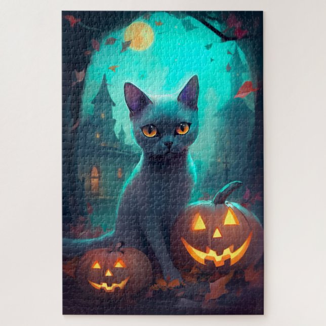Halloween Russian Blue Cat mit Pumpkins Beängstige (Vertikal)