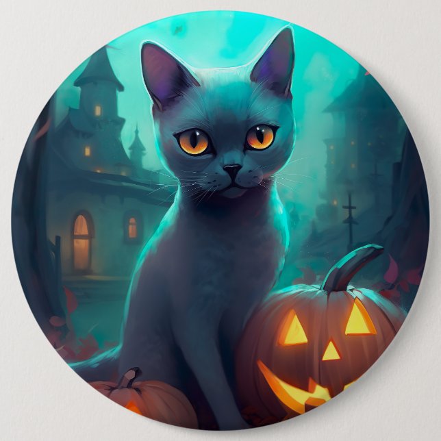 Halloween Russian Blue Cat mit Pumpkins Beängstige Button (Vorderseite)