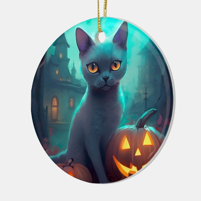 Halloween Russian Blue Cat mit Pumpkins Beängstige Keramik Ornament (Links)