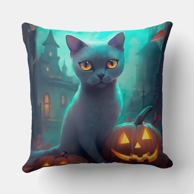 Halloween Russian Blue Cat mit Pumpkins Beängstige Kissen (Rückseite)