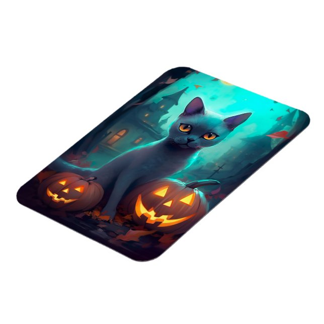 Halloween Russian Blue Cat mit Pumpkins Beängstige Magnet (Linke Seite)