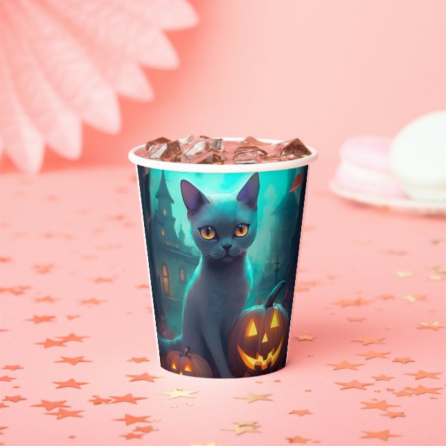 Halloween Russian Blue Cat mit Pumpkins Beängstige Pappbecher (Insitu)