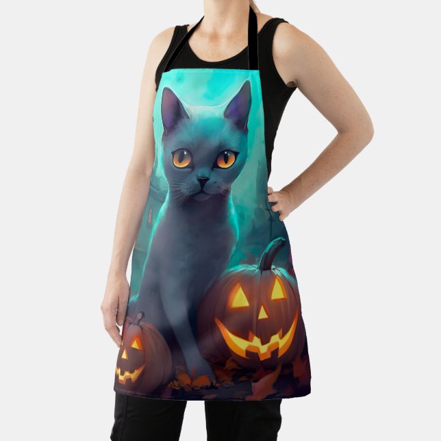 Halloween Russian Blue Cat mit Pumpkins Beängstige Schürze (InSitu)