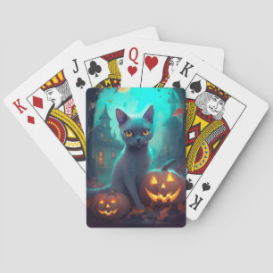 Halloween Russian Blue Cat mit Pumpkins Beängstige Spielkarten
