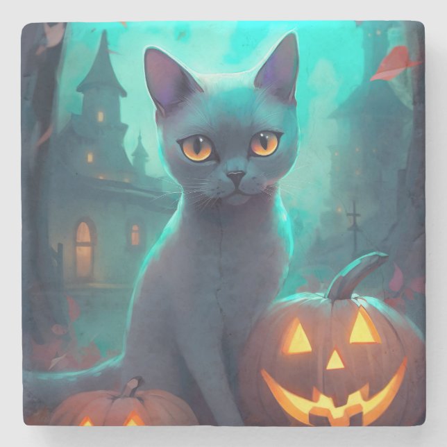 Halloween Russian Blue Cat mit Pumpkins Beängstige Steinuntersetzer (Vorderseite)
