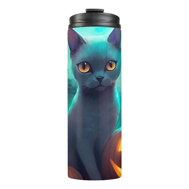 Halloween Russian Blue Cat mit Pumpkins Beängstige Thermosbecher (Vorderseite)