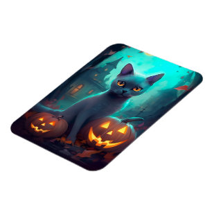 Halloween Russische Blaue Katze mit Kürbissen Grus Magnet