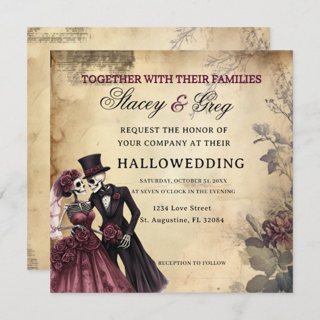 Halloween Rustic Gothic Skeleton Wedding Einladung (Vorne/Hinten)
