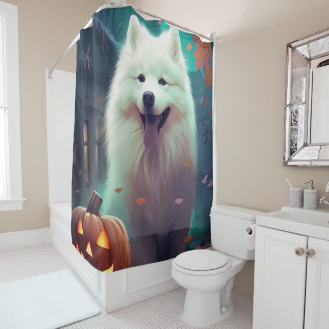 Halloween Samoyed with Pumpkins Beängstigend Duschvorhang (Beispiel)