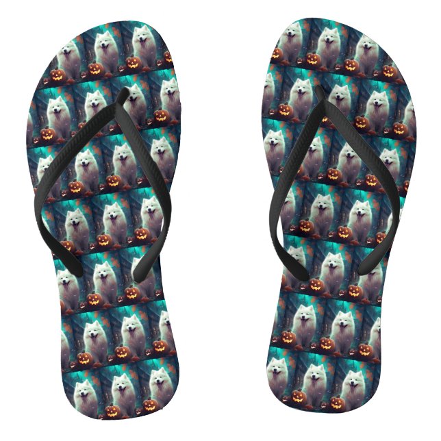 Halloween Samoyed with Pumpkins Beängstigend Flip Flops (Fußbett)