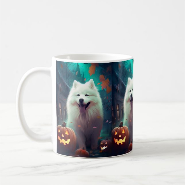 Halloween Samoyed with Pumpkins Beängstigend Kaffeetasse (Links)