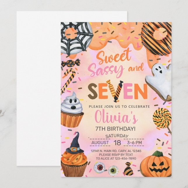 Halloween sassy 7. Geburtstag einladen. Einladung (Vorne/Hinten)