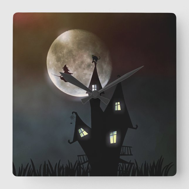 Halloween Scene Quadratische Wanduhr (Vorderseite)
