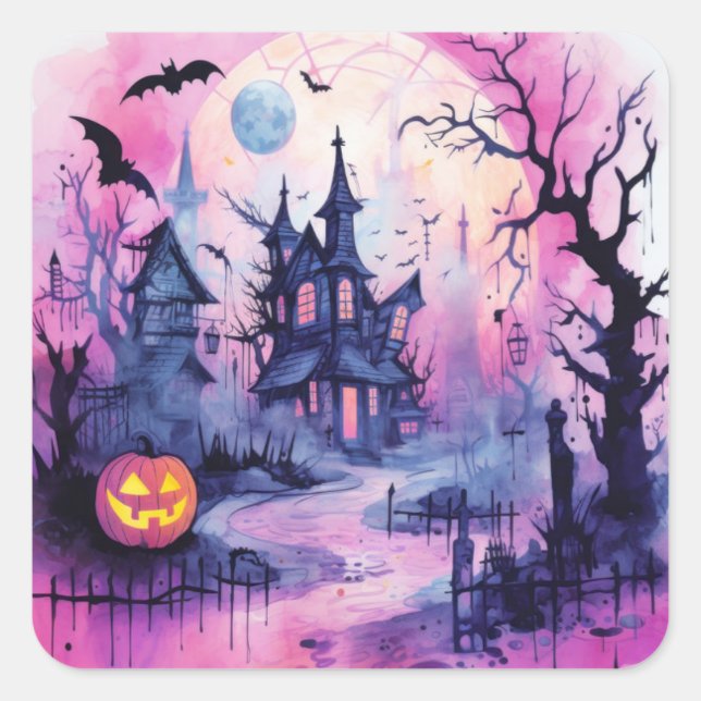 Halloween Scene Spuk House (1) Quadratischer Aufkleber (Vorderseite)