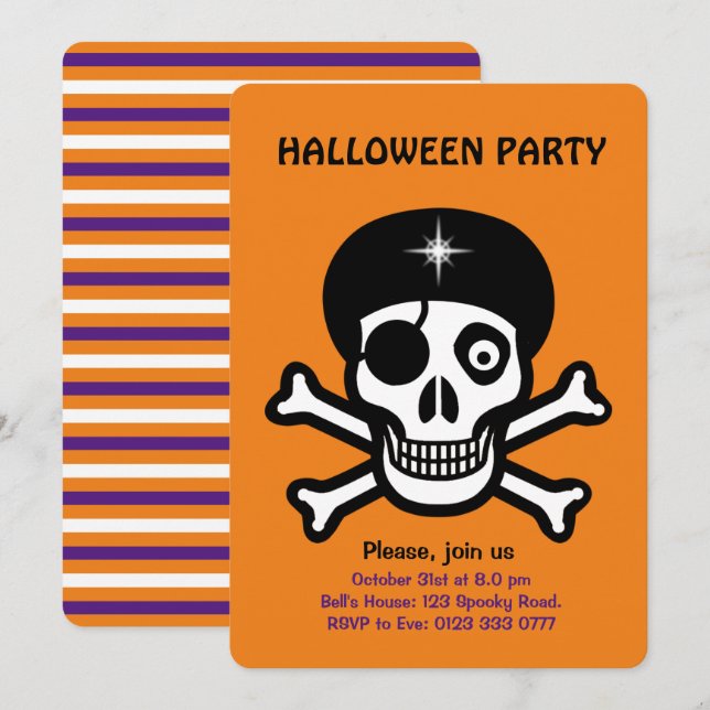 Halloween-Schädel auf orangefarbener Einladung (Vorne/Hinten)