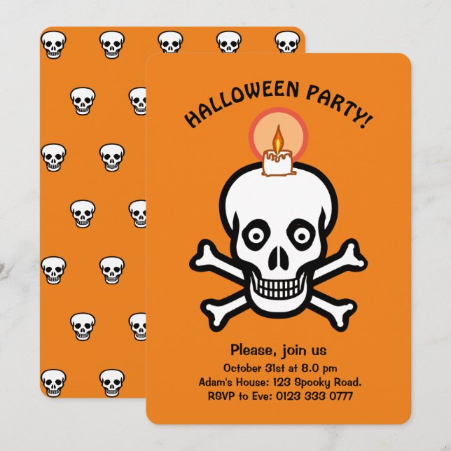 Halloween-Schädel auf orangefarbener Einladung (Vorne/Hinten)