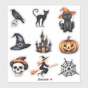 Halloween-Schädel, Katze, Hexe, Krähe, Spuk Haus, Aufkleber