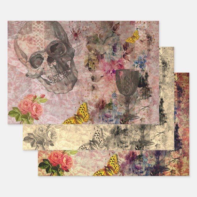 Halloween-Schädel, Weinglas und Gelbe Schmetterlin Geschenkpapier Set (Set)