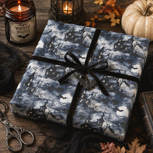 Halloween-Schloss mit Mond und Fledermäusen Gotisc Geschenkpapier