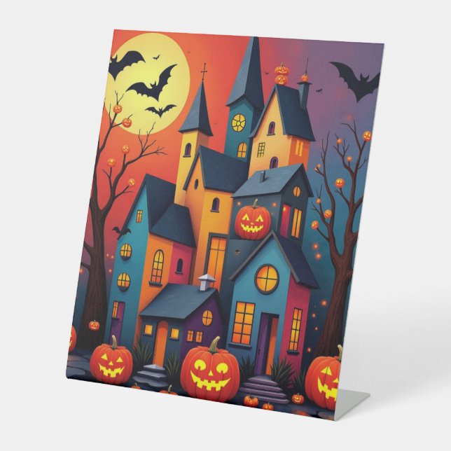 Halloween-Schloss und Kürbis Sockelschild (Vorderseite)