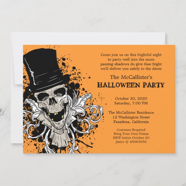 Halloween-Schrecken-Nachtschädel-Kostüm-Party Einladung (Vorderseite)