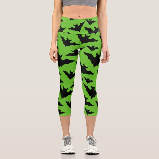 Halloween Schwarz-Fledermäuse grün coole Gaumenmus Capri Leggings (Vorderseite)