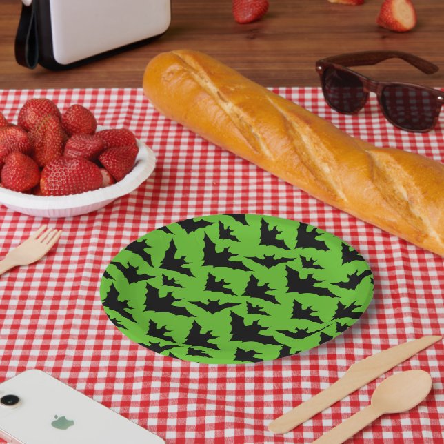 Halloween Schwarz-Fledermäuse grün coole Gaumenmus Pappteller (Picknick)
