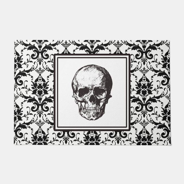 HALLOWEEN Schwarz Gothic Damask Muster Skull Fußmatte (Vorderseite)