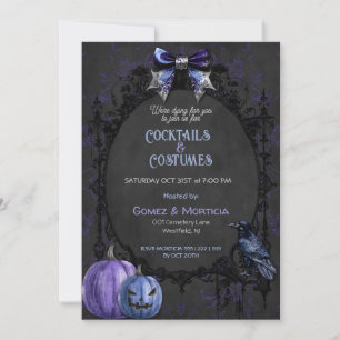 Halloween Schwarz Lila Rabe Skelette Gruselig Einladung