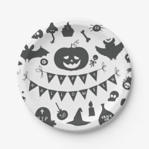 Halloween Schwarz-Weiß-Ikonen-Muster Pappteller
