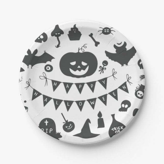 Halloween Schwarz-Weiß-Ikonen-Muster Pappteller (Vorderseite)