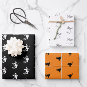 Halloween Schwarz-Weiß-Katze-Geist Geschenkpapier Set