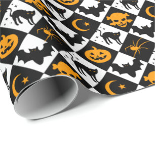 Halloween Schwarz-weiß Orange Harlequin Pattern Geschenkpapier