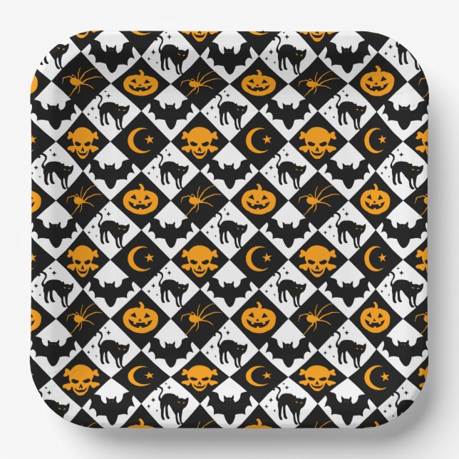 Halloween Schwarz-weiß Orange Harlequin Pattern Pappteller (Vorderseite)