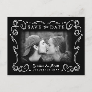 Halloween Schwarz-weiß Scroll Foto Save the Date Ankündigungspostkarte