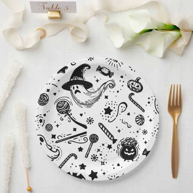 Halloween Schwarz-Weiß-Spookie-Kunst Geburtstag Pappteller (Hochzeit)