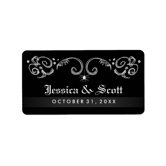 Halloween-Schwarz-weiße Gothic-Scroll-Hochzeit Adressaufkleber (Vorne)