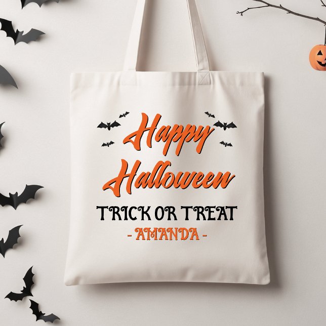 Halloween-Schwarzbats-Trick oder Tasche der Behand (Personalized Trick Or Treat Tote Bag, Orange Black Halloween Tote Bag, Black Bats Halloween Tote  )