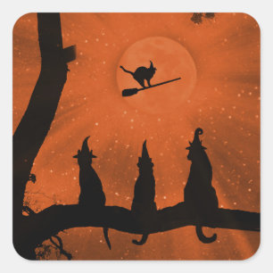 Halloween schwarze Hexenkatzen und Mond Quadratischer Aufkleber