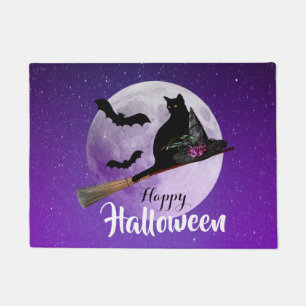 Halloween-Schwarze Katze auf Besen Vollmond Fußmatte