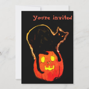 Halloween-Schwarze Katze auf orange leuchtendem Kü Einladung