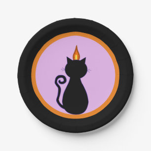 Halloween-Schwarze Katze auf Schwarz, Violett und Pappteller