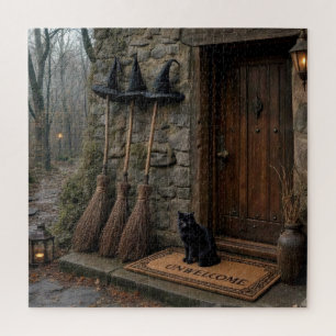 Halloween-Schwarze Katze auf unerwünschter Fußmatt