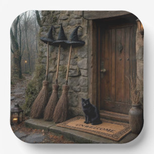 Halloween-Schwarze Katze auf unerwünschter Fußmatt Pappteller