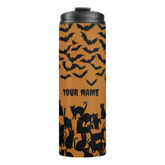 Halloween schwarze Katze Fledermaus Orange Grusel Thermosbecher