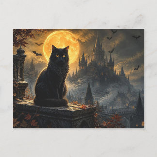 Halloween schwarze Katze gotische Burg Postkarte
