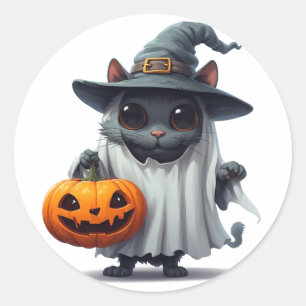 Halloween-Schwarze Katze hält Kürbis-Accessoire 👻 Runder Aufkleber