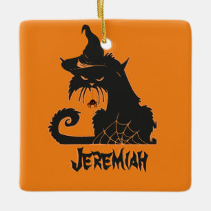 Halloween schwarze Katze Hexe gruselige Spinnen    Keramikornament