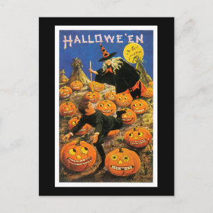 Halloween-Schwarze Katze, Hexe und Kürbis Postkarte